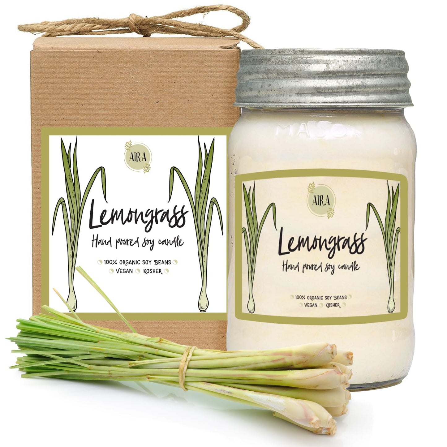 Aira Soy Candles - Organic, Kosher, Vegan, in Mason Jar w/Therapeutic Grade Essential Oil Blends - Hand-Poured 100% Soy Candle Wax - Paraffin Free, Burns 110+ Hours - Lemongrass - 16 Ounces