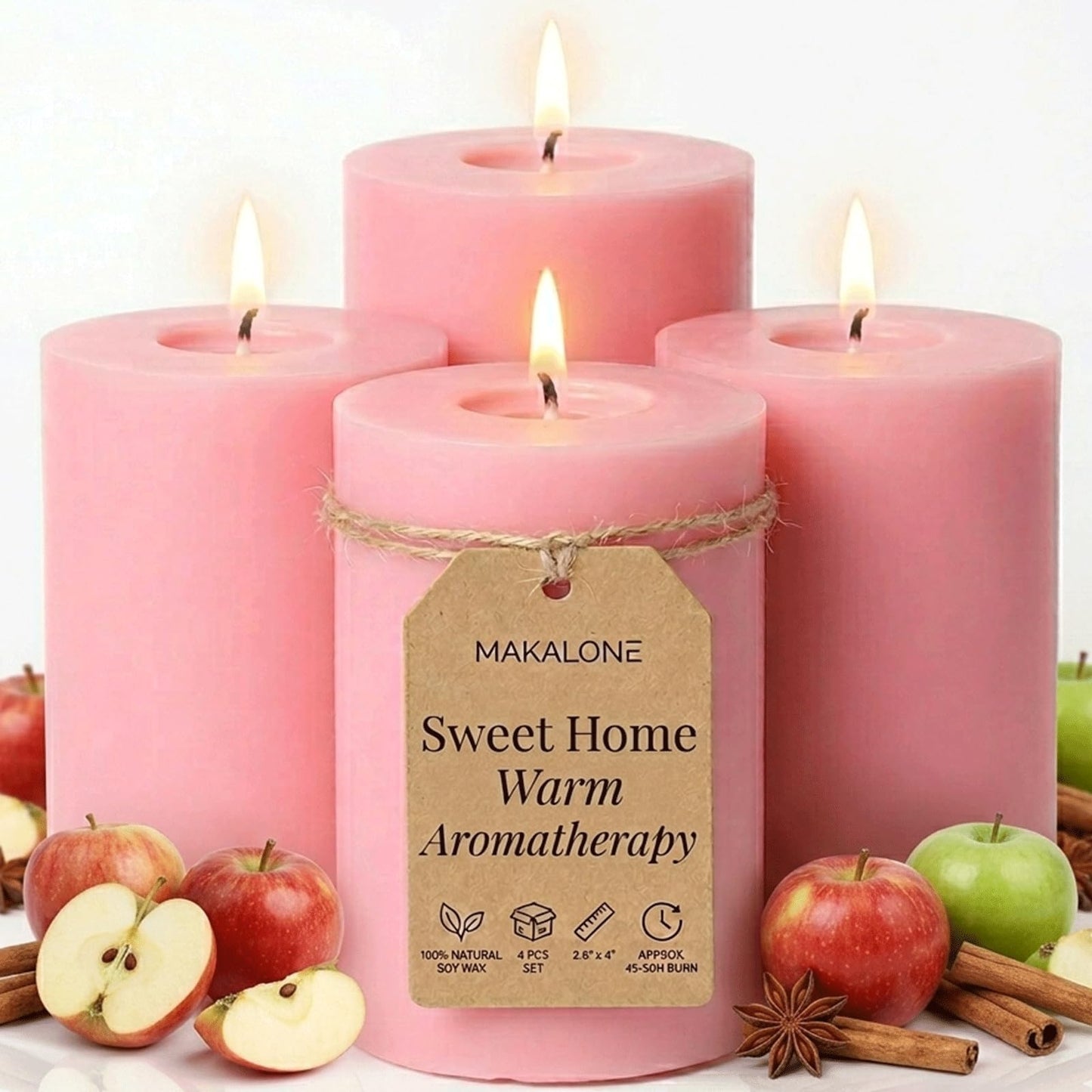 4 Pack Apple Cinnamon Scented Pillar Candles,Natural Soy Wax Candles-2.8x4In,Smokeless & Non-Toxic,60H Long Lasting Burning Fragrance Candles for Home,Mother’s Day Gifts,Spa Relaxation