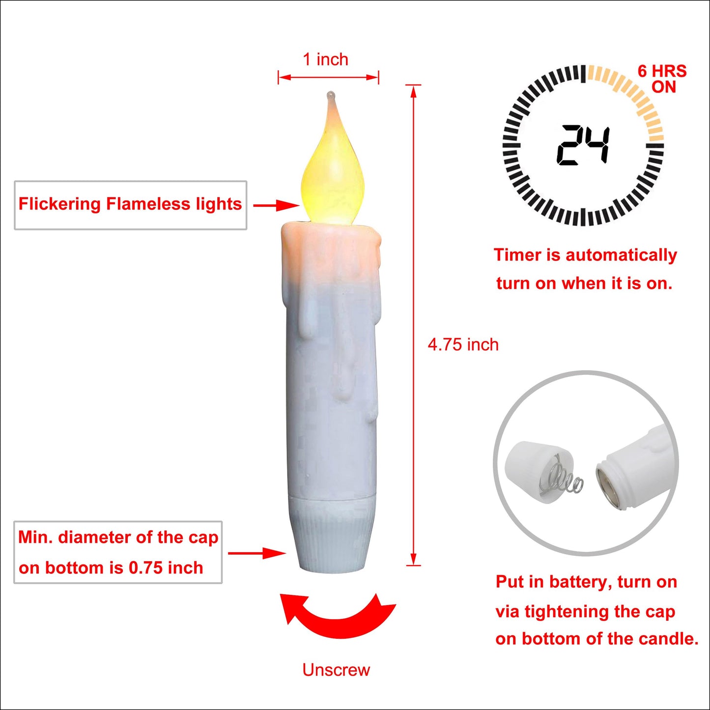 CVHOMEDECO. Flickering Taper Candles LED Drip Flameless Candles, Battery Operated with Timer, White, 4-3/4 Inch, Set of 4