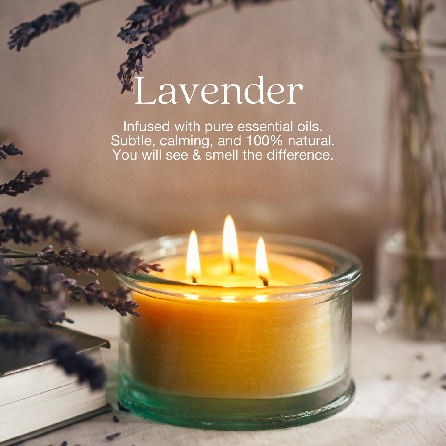 Bluecorn Botanica Beeswax 3-Wick Candle – Lavender, 100% Pure Beeswax & Essential Oils – 10oz Hand-Blown Recycled Spanish Glass – Non Toxic, Clean Burning, Refillable Glass Jar