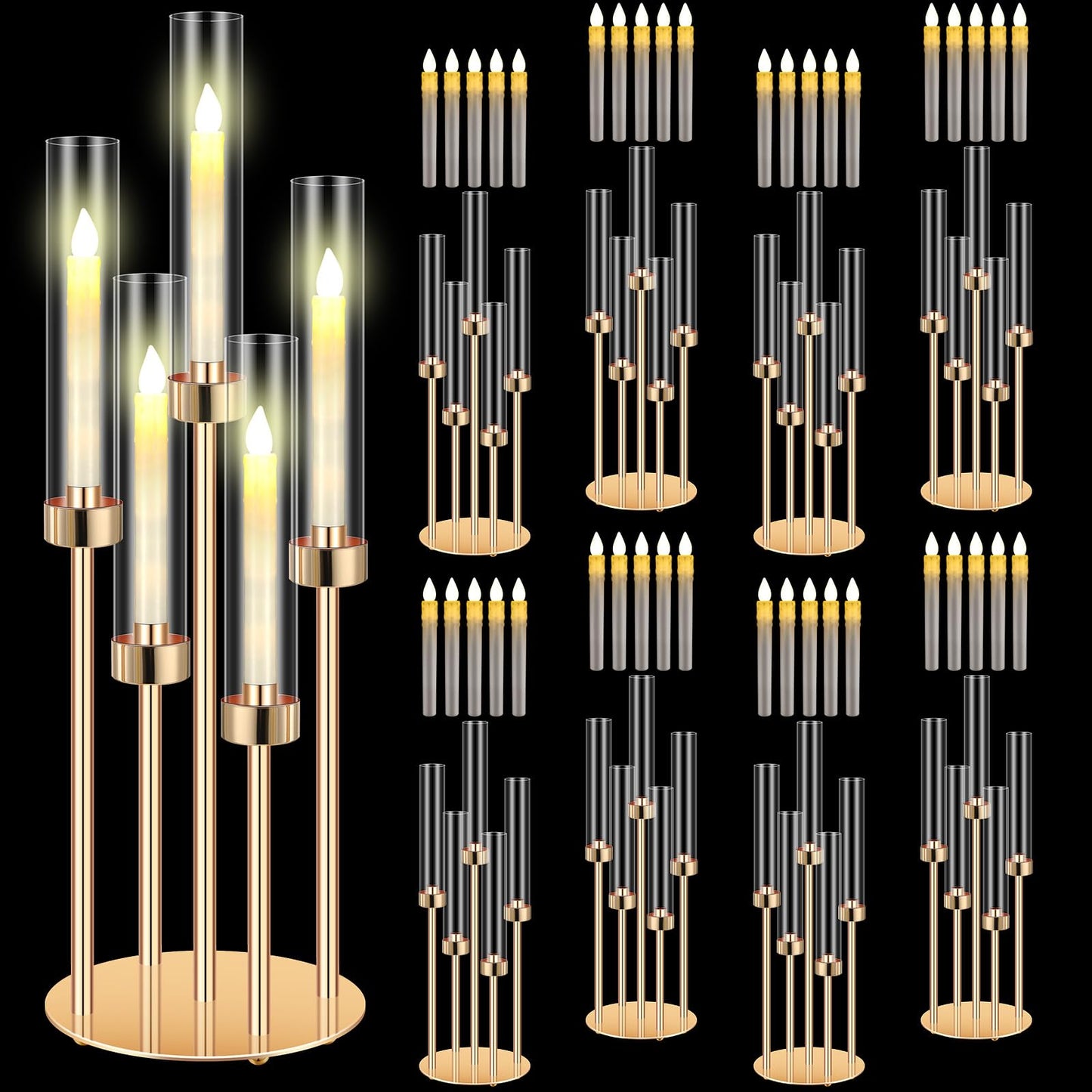 Tandefio 8 Set Gold Candelabra Centerpieces for Tables, 26.8 Inch 5 Arm Candle Holders with LED Candles and Acrylic Cylinders, Tall Acrylic Wedding Table Centerpieces for Reception Dinner Party Decor