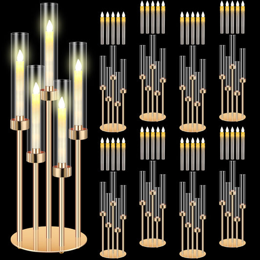 Tandefio 8 Set Gold Candelabra Centerpieces for Tables, 26.8 Inch 5 Arm Candle Holders with LED Candles and Acrylic Cylinders, Tall Acrylic Wedding Table Centerpieces for Reception Dinner Party Decor