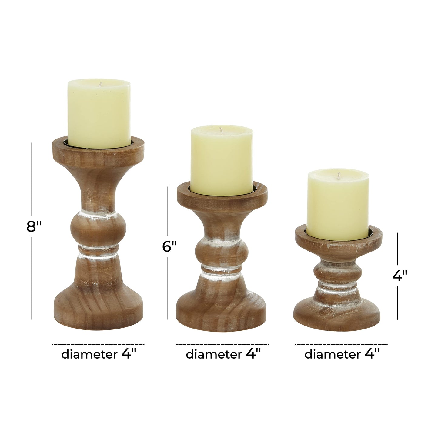 Deco 79 Wood Decorative Candle Holder Beaded Pillar Candle Stand, Set of 3 Candlestick Holder 4", 6", 8"H, Brown
