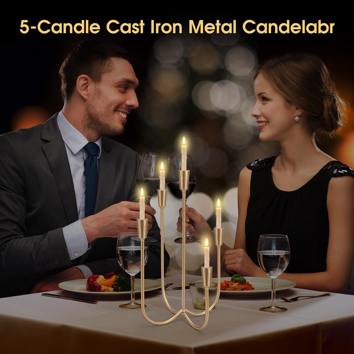 5-Candle Cast Iron Metal Candelabra, 17.7 Inch Candlestick Holders, Iron Tabletop Candelabra, Taper Candle Holders, Cast Iron Candelabra for Wedding, Table, Fireplace Mantel Decor