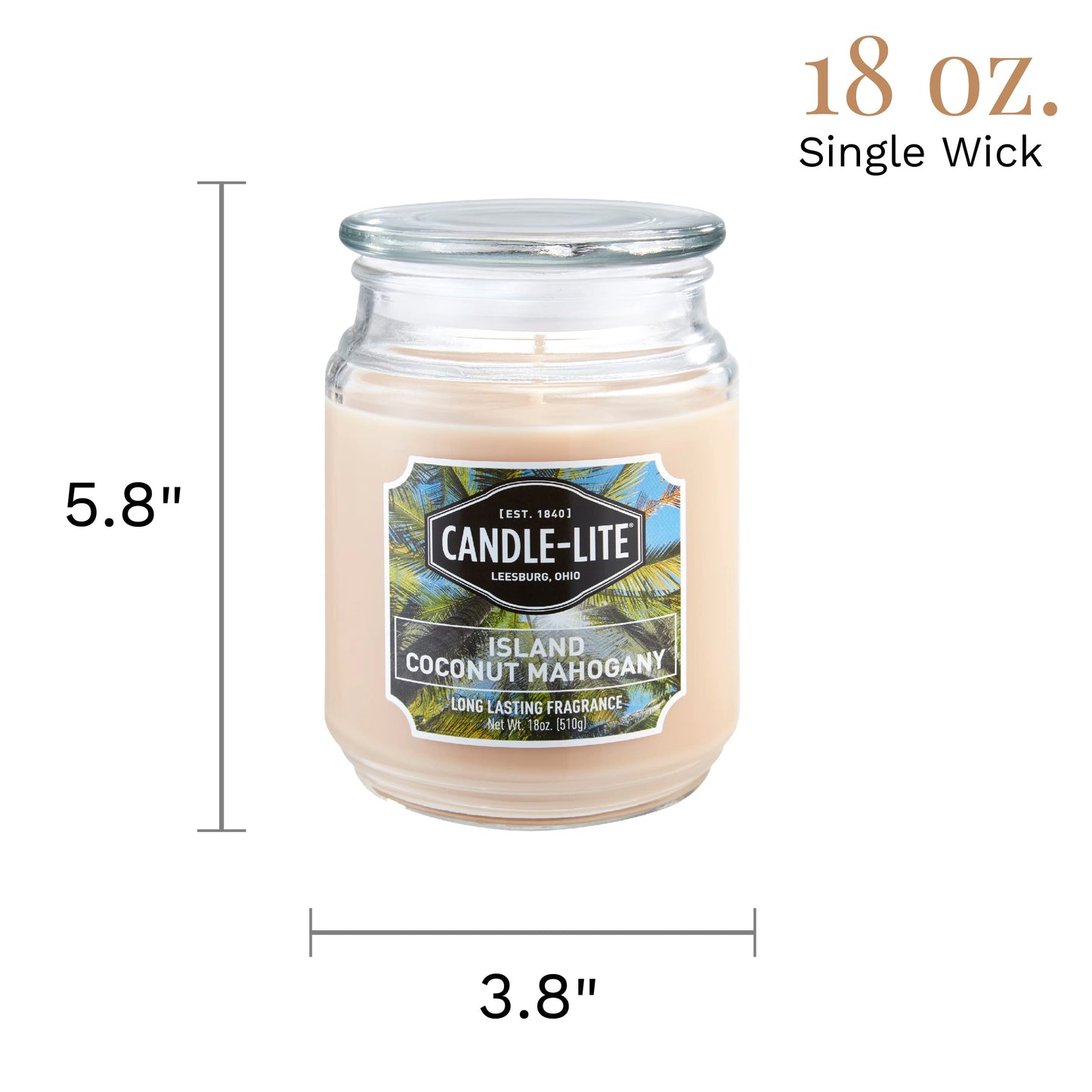 Candle-lite Scented Candles, Island Coconut Mahogany Fragrance, One 18 oz. Single-Wick Aromatherapy Candle with 110 Hours of Burn Time, White Color