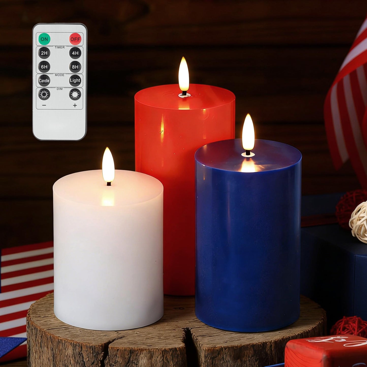 JOIONE 4th of July Red White and Blue Flameless Pillar Candles with Remote, 3 Pack Patriotic Battery Operated Real Wax LED Candles, Perfect for Independence Day Home Decorations Fireplace Table