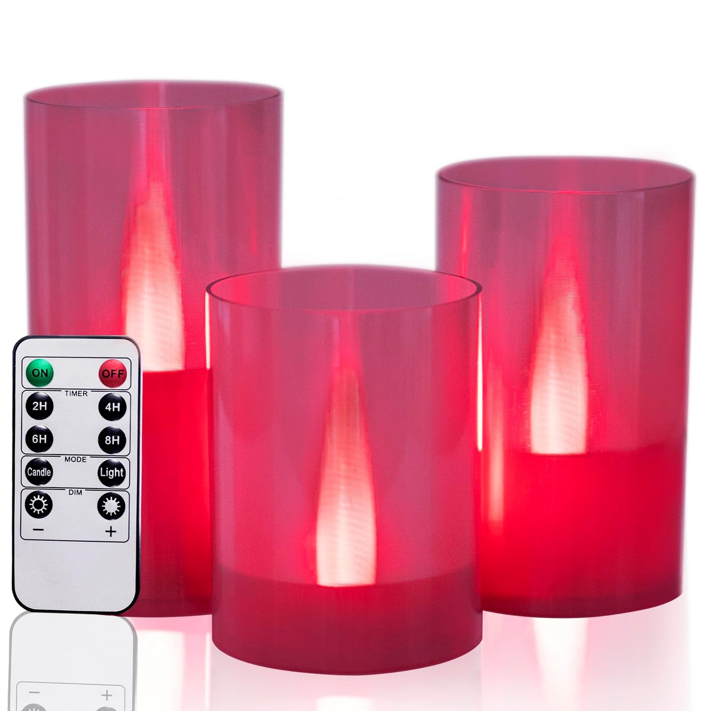 LANKER Flameless Candles with Remote Control and Timer, Battery Operated LED Pillar Candles, Romantic Light, Set of 3 (Red)