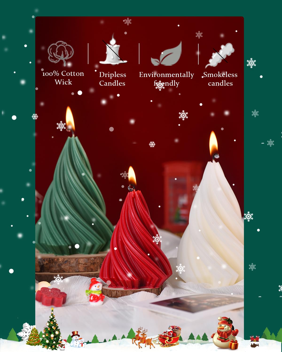 Spiral Pillar Candles Scented Soy Wax Christmas Tree Candle,Christmas Table Decor,Winter Centerpieces,Fireplace Mantel, Seasonal Home Decor，Set of 3,Ivory