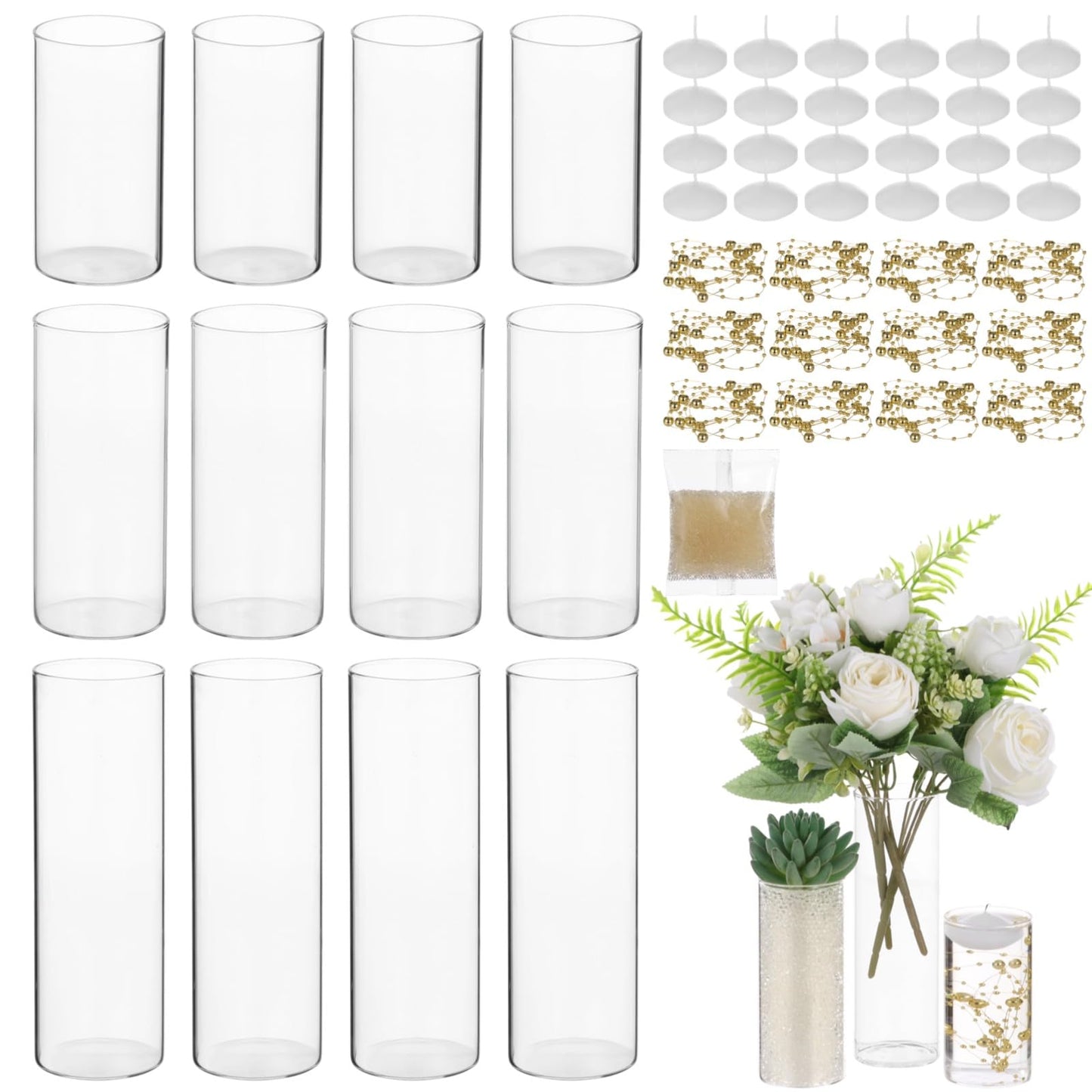 OMISTAR 12 Set Floating Candle Vases for Centerpieces - Including 3 Sizes Cylinder Vases, Floating Candles, Golden Beaded Lines, and Absorbent Beads for Wedding, Party, Home Decoration