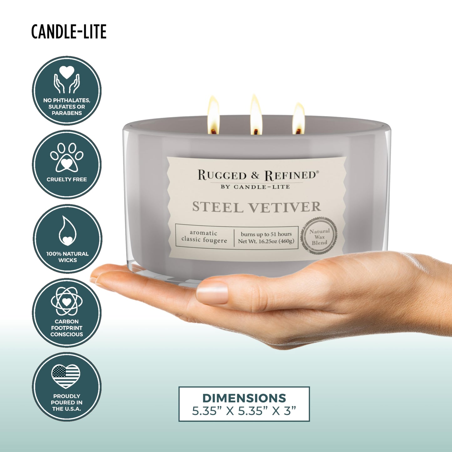 Candle-Lite Scented Candles for Men, Steel Vetiver Fragrance, 16.25 oz Jar, 3-Wick, 51 Hours of Burn Time, Masculine Aromatherapy with Long Lasting Scent, Ideal Gift for Father's Day and Home Decor