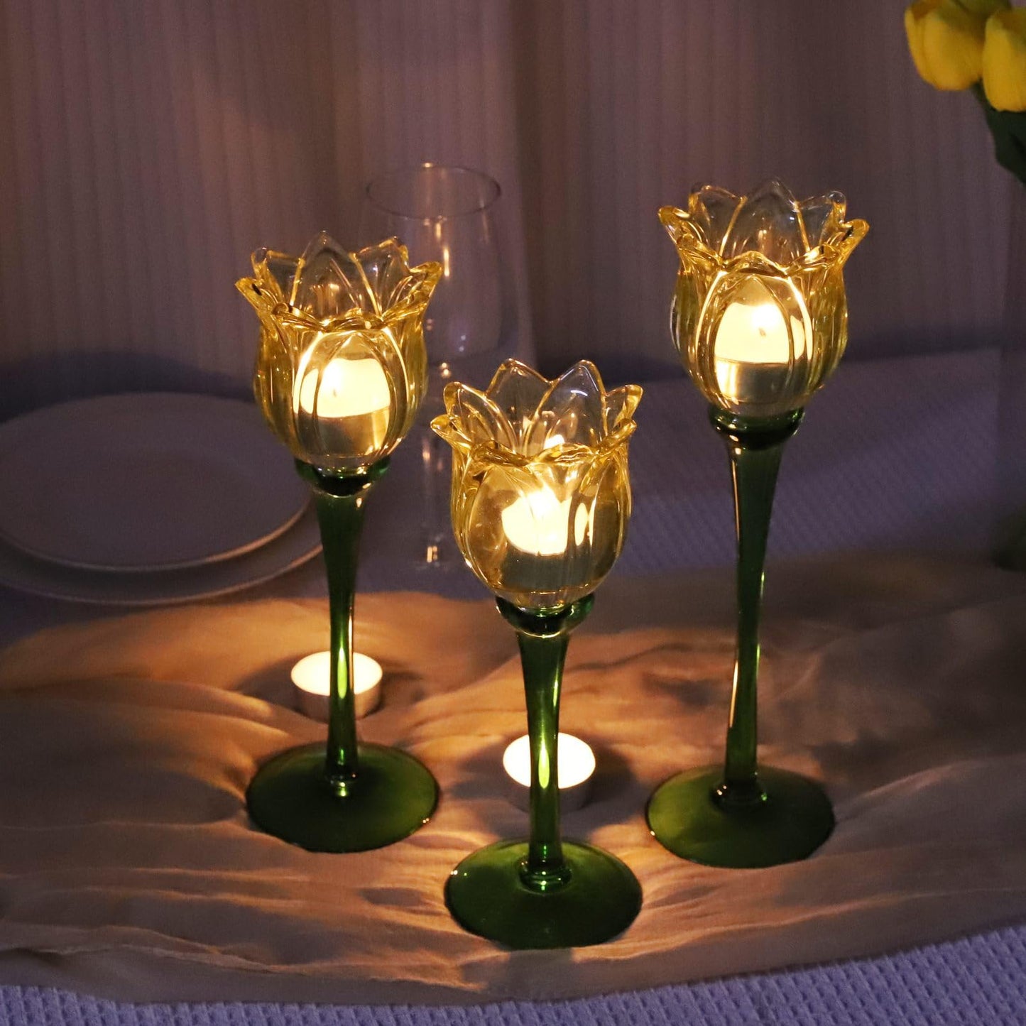 VOHO Yellow Tulips Candle Holders for Modern Home Decor, Bright Yellow Tealight Candle Holder Birthday Gifts for Women Friends, Tulip-like Tea Lights Candle Holder for Party Table Centerpiece(Set of3)