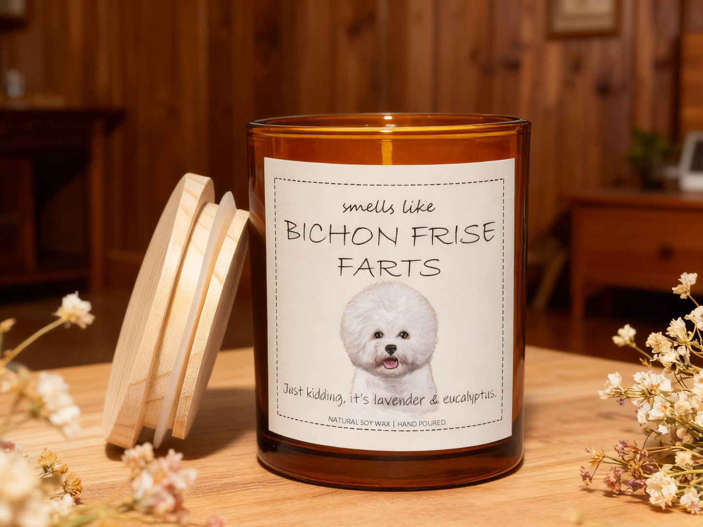 Bichon Frise Gifts & Decor, Dog Mom Gift for Women, Smells Like Bichon Frise Farts Candle - Lavender & Eucalyptus, Crafted by Natural Soy Wax & Natural Essential Oils