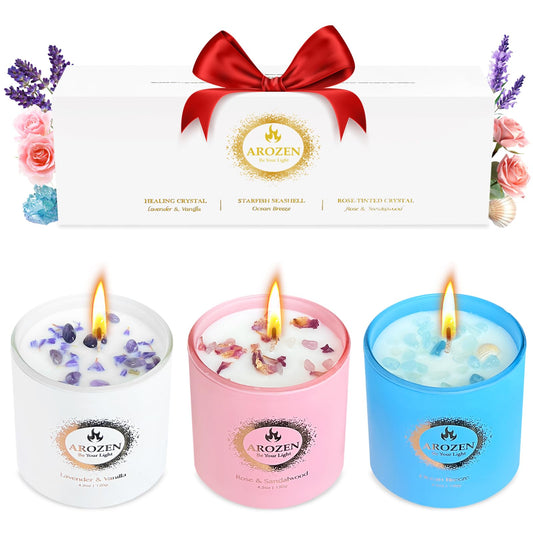 AROZEN 3 Pack Scented Candles Gift Set for Women – Lavender, Ocean, Rose Soy Candles with Crystals & Seashells, 70-Hour Total Burn Time, Aromatherapy Candle Set for Home Decor, Mother’s Day Birthday
