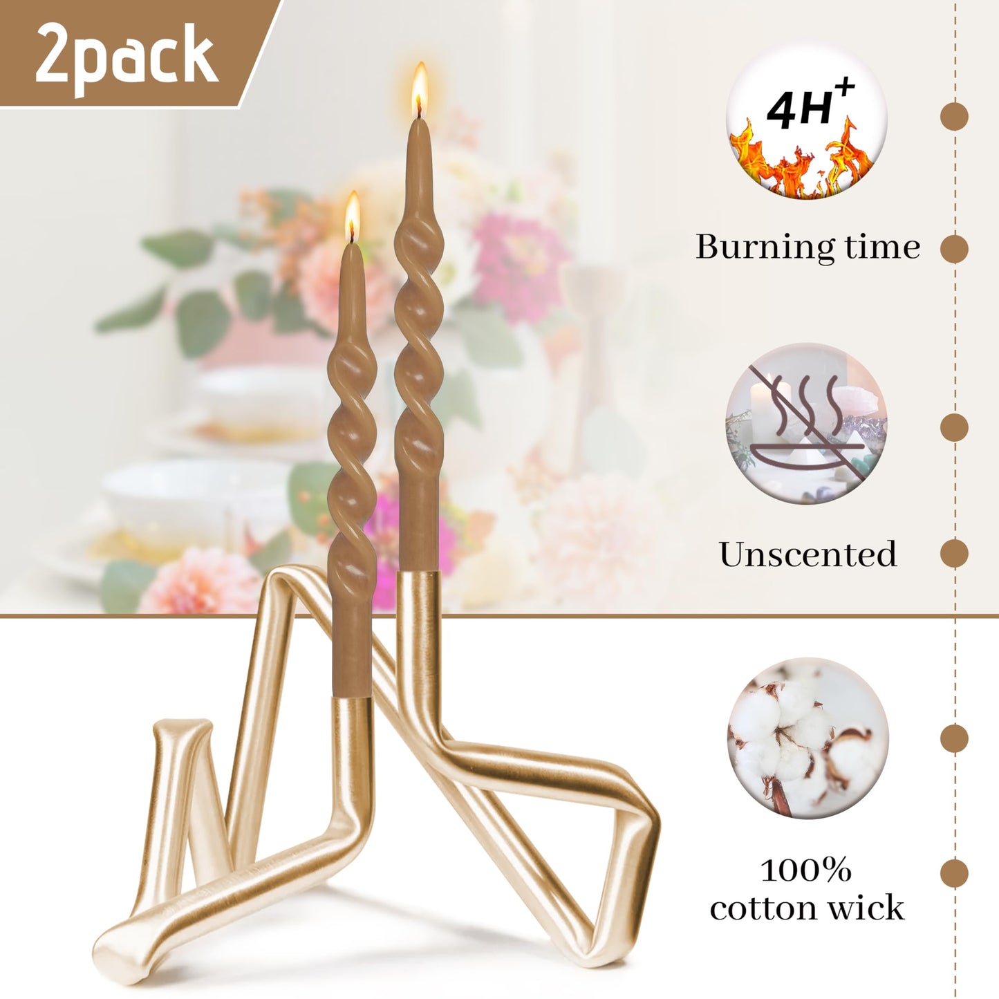 BALEAGCDL Twisted Taper Candle Brown Spiral Candlesticks 10 Inch Unscented Handmade Smokeless Dinner Candles Set for Holiday Gifts Home Decoration 2 Pcs