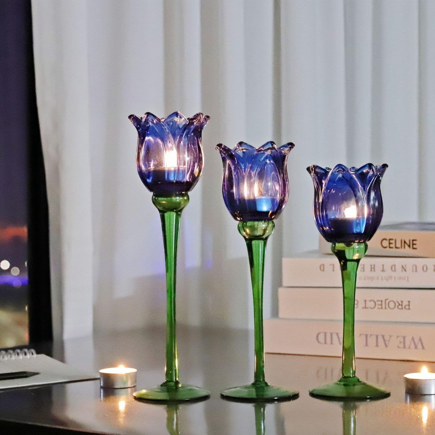 VOHO Blue Flower Tealight Candle Holder Set of 3 with Different Heights, Lovely Tulips Tea Light Candle Holder Glass Table Centerpieces for Dining Room Bookcase, Blue Votive Candle Holders Home Decor