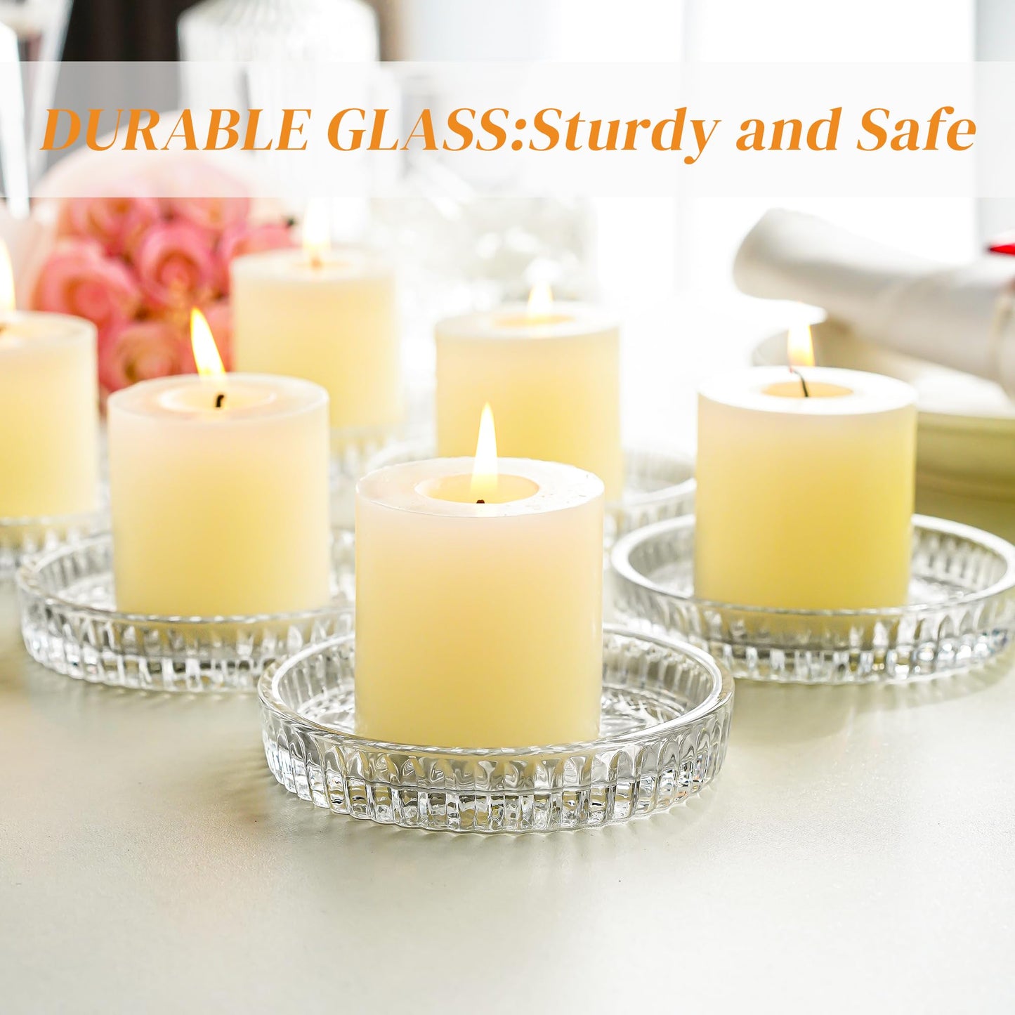 kanpura 3.5 Inch Crystal Glass Candle Plates Round Votive Candle Holder Plates Clear Glass Candle Trays for Home Christmas Winter Party Decor(Set of 6)
