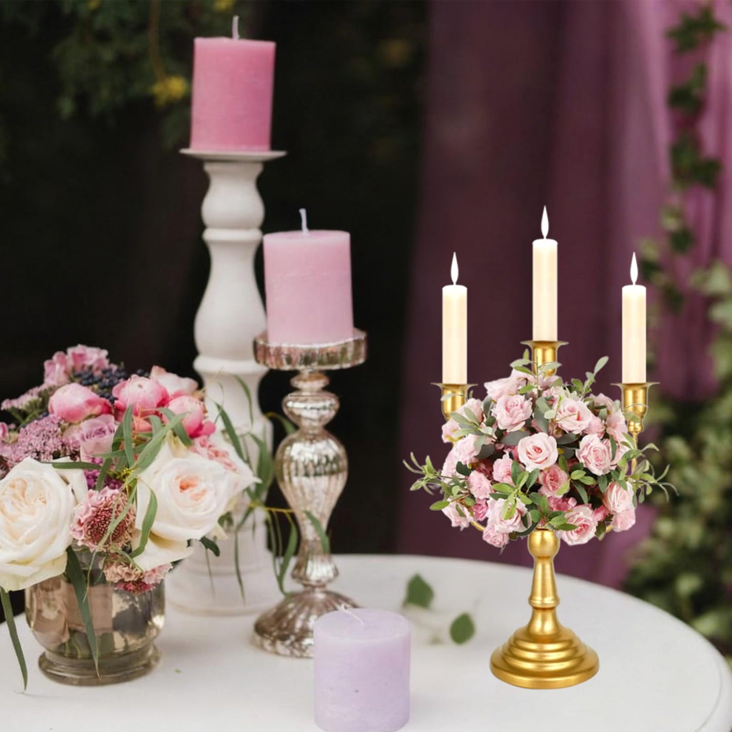 UCEHIPAW 8 Pcs Gold Candelabra 12 Inch 3 Arm Metal Candle Stand Wedding Candlestick Holder for Table Centerpieces Wedding Birthday Holiday Theme Party