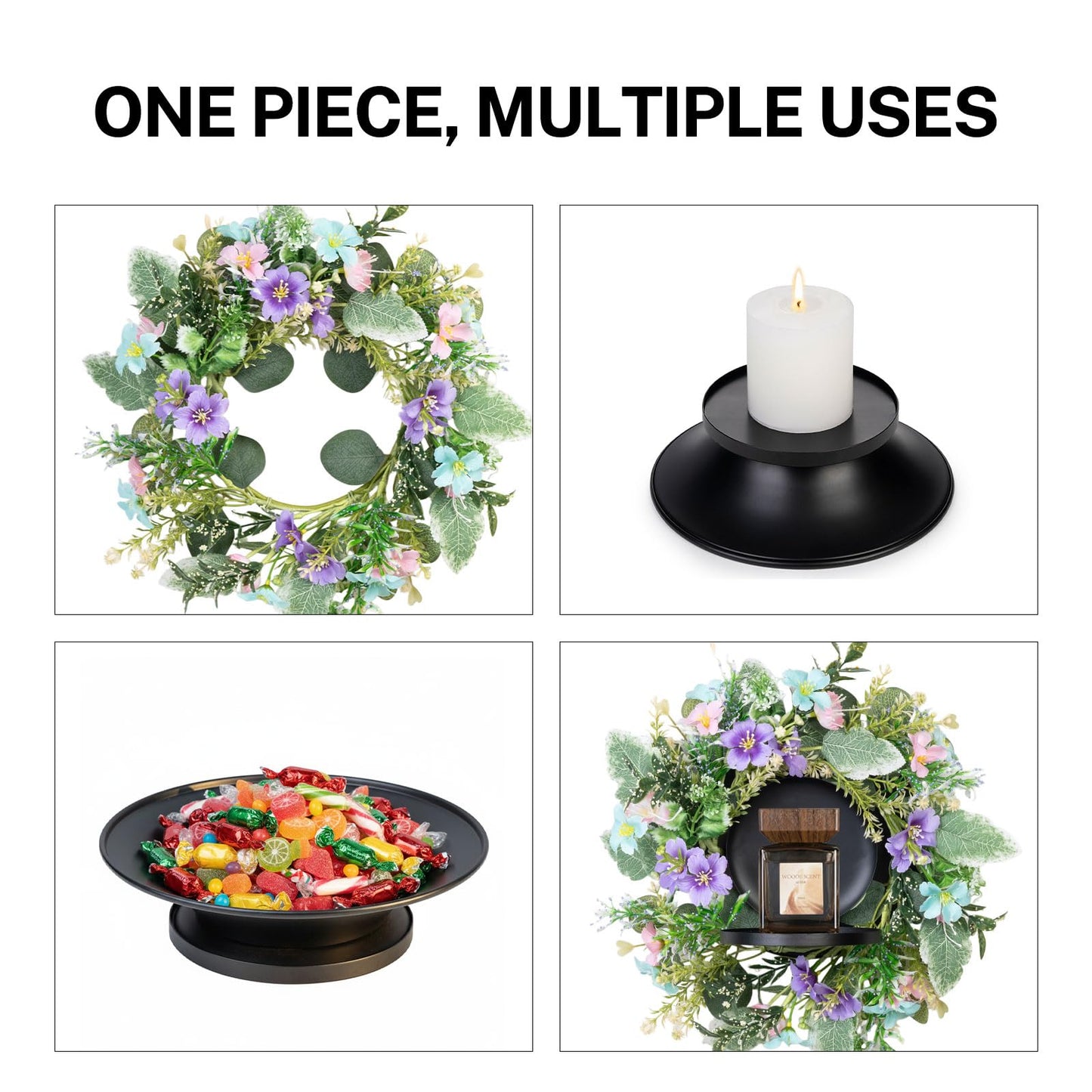 MOYEE Summer Candle Holder Centerpieces for Tables,Candle Ring, Black Metal Candlestick with an Artificial Wreath 14 in Versatile Dining Table Centrepiece (Blue and Purple Flower Wreath)