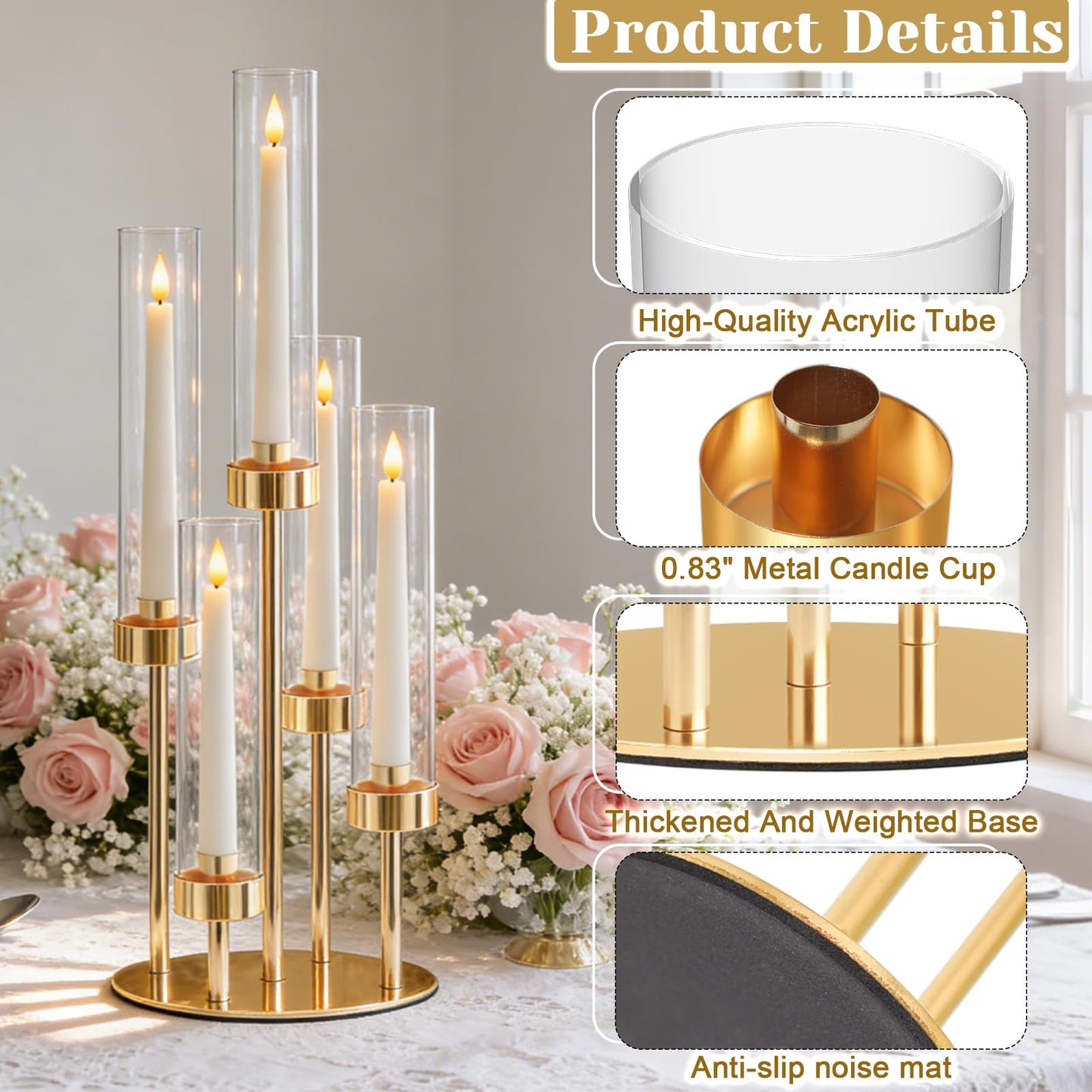 KEHAIL 5-Arm Black Metal Table Candelabra Centerpiece, 22" Tall Clear Candlesticks Holder with Shade for Valentines Day Events Party Table Centerpiece,Fit LED Candles (2, Gold, S-22 in)