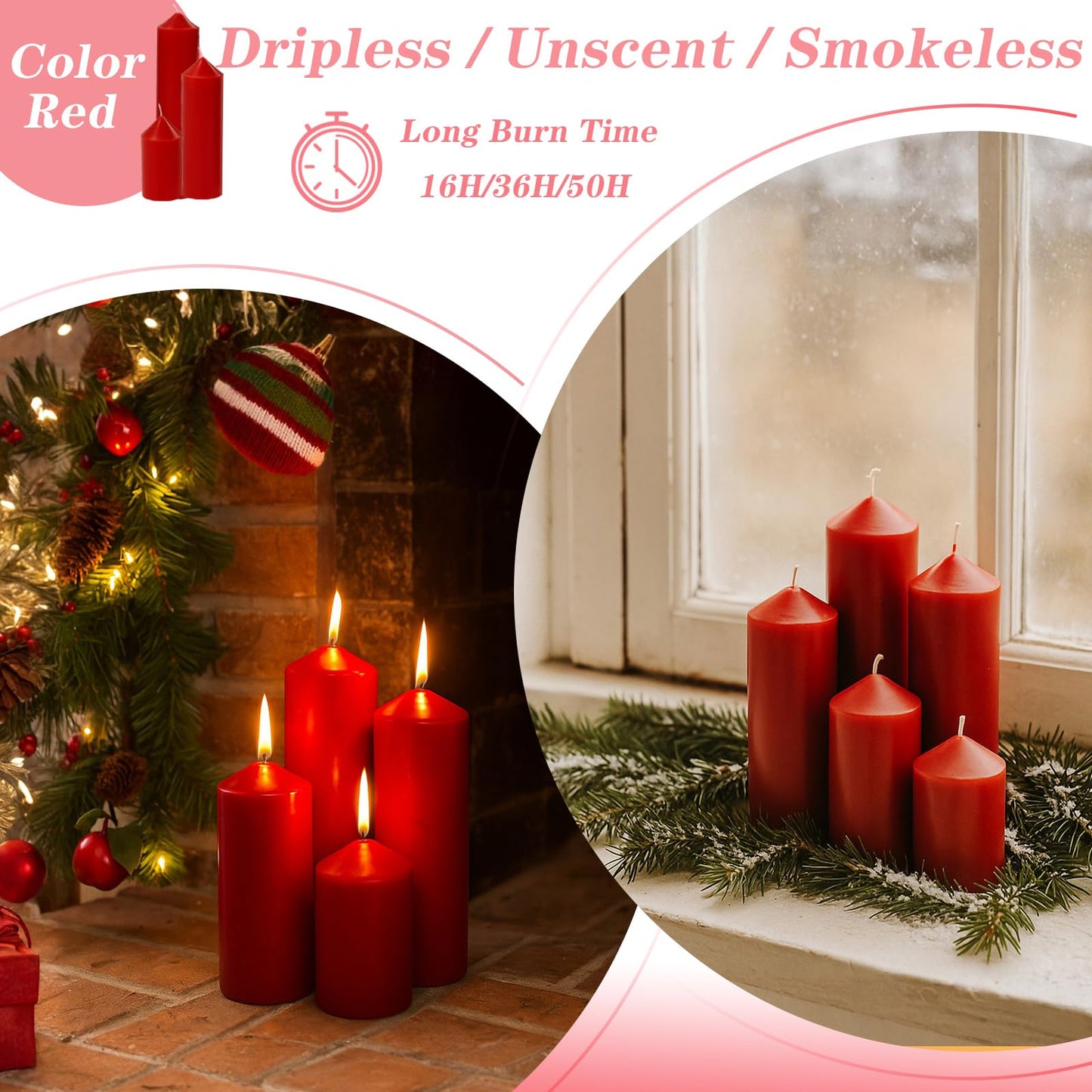 Veiuwa 36 Pcs Red Pillar Candles Bulk Set，Hurricane Candles，3 Different Lengths (12 Each)，Dripless Unscented Smokeless，Gives You a Better Atmosphere When Organizing Wedding or Event Party.