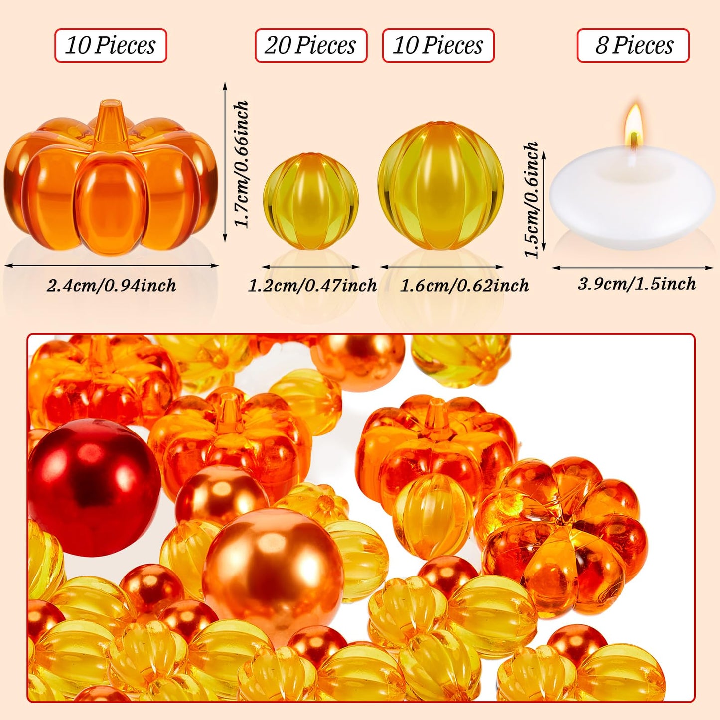MTLEE 124 Pcs Thanksgiving Vase Filler Faux Pearl for Vase Filler with 8 White Unscented Candles for Fall Thanksgiving Home Table Party Festival Decors, Not Included Clear Beads(Pumpkin)