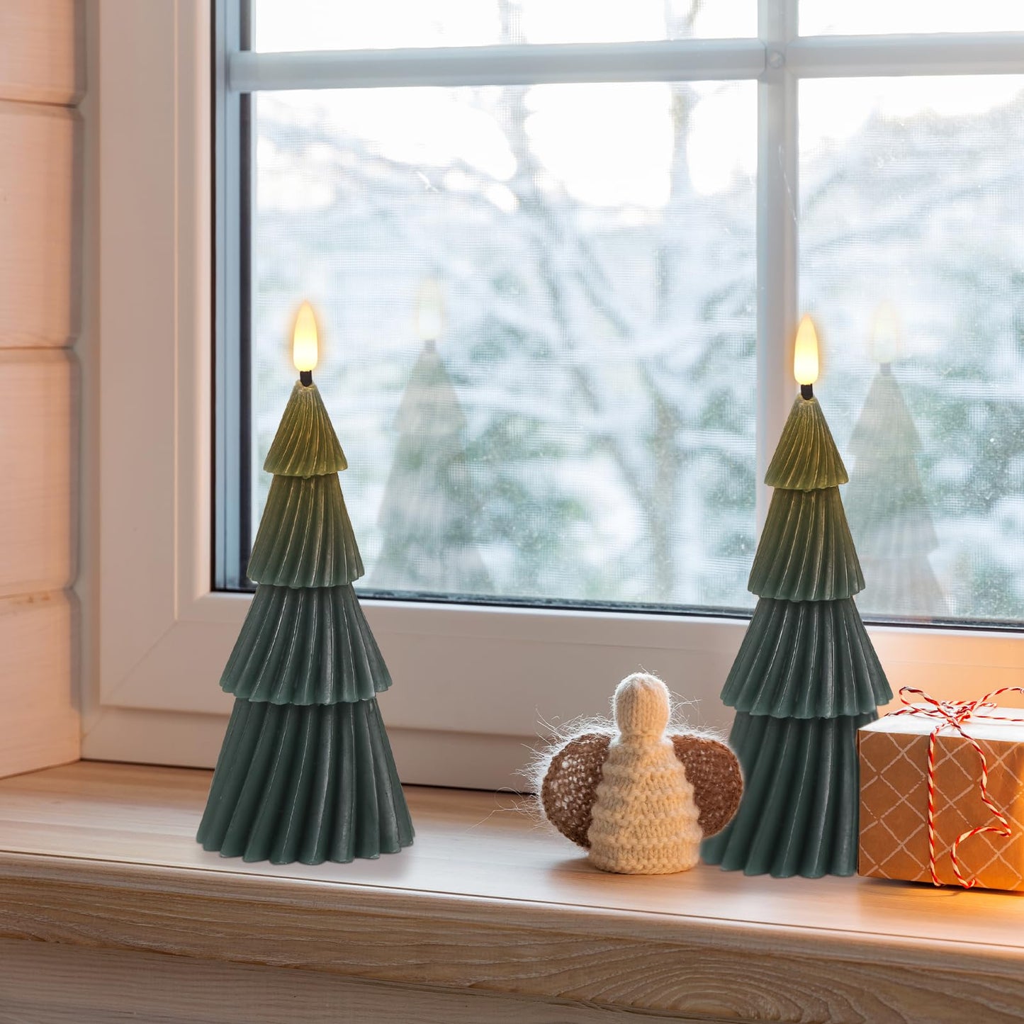 Lasumora Christmas Tree Spiral Skirt-Shaped Flameless Candles with 6H Timer, 2 Pcs Battery Operated LED Pillar Candle with Flickering 3D Wick, Green Candles for Home Décor Christmas Gifts
