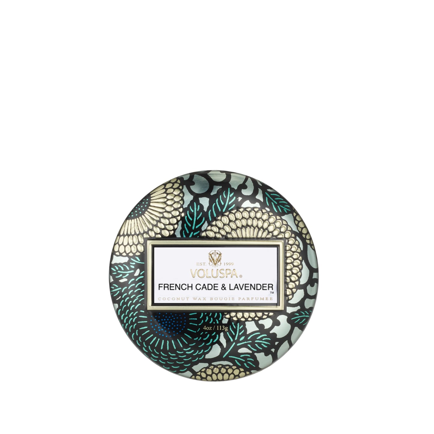 Voluspa French Cade Lavender, Mini Tin Candle, 4 oz, 25 Hour Burn Time, Coconut Wax for Clean Burning, Handcrafted in the USA