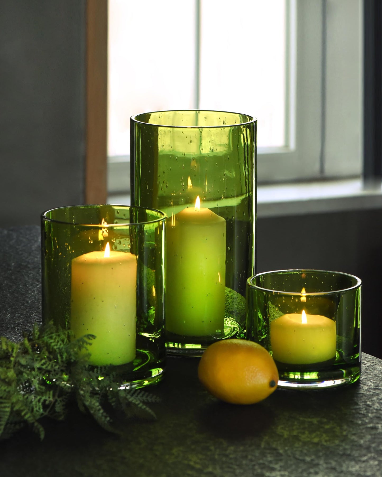 ARIAMOTION Hurricane Candle Holders Set of 3, Spring Green Glass with Seeded Bubbles, Pillar Candle Holders, Cylinder Vase Centerpieces 10" 7" 4" Height