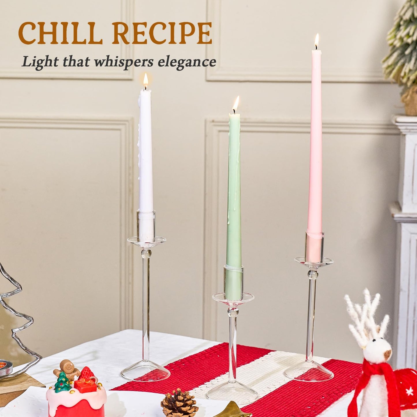 CHILL RECIPE Candle Holder Glass Taper Candlestick Holders with Built-in Candle Drip Protectors for Table Centerpiece Wedding Party (Clear 3Pcs)