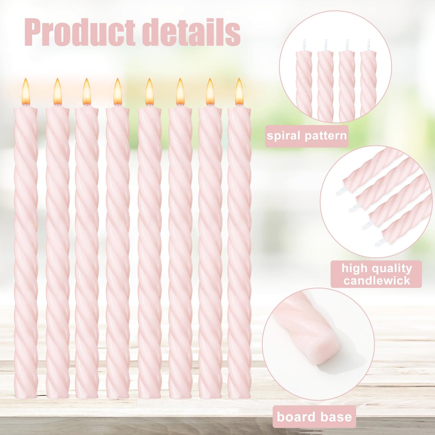 Whaline 8Pcs Baby Pink Spiral Candles Dripless Twisted Wax Candles 10 Inch Long Unscented Candle Sticks for Valentine's Day Wedding Baby Shower Birthday Party Home Decor