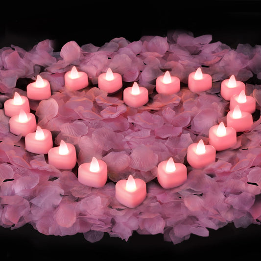 Amagic 4000 Pieces Pink Artificial Rose Petals with 50 Pink Heart LED Tea Lights, Rose Petals and Candles Set for Proposal, Anniversary, Romantic Night, Wedding Decor
