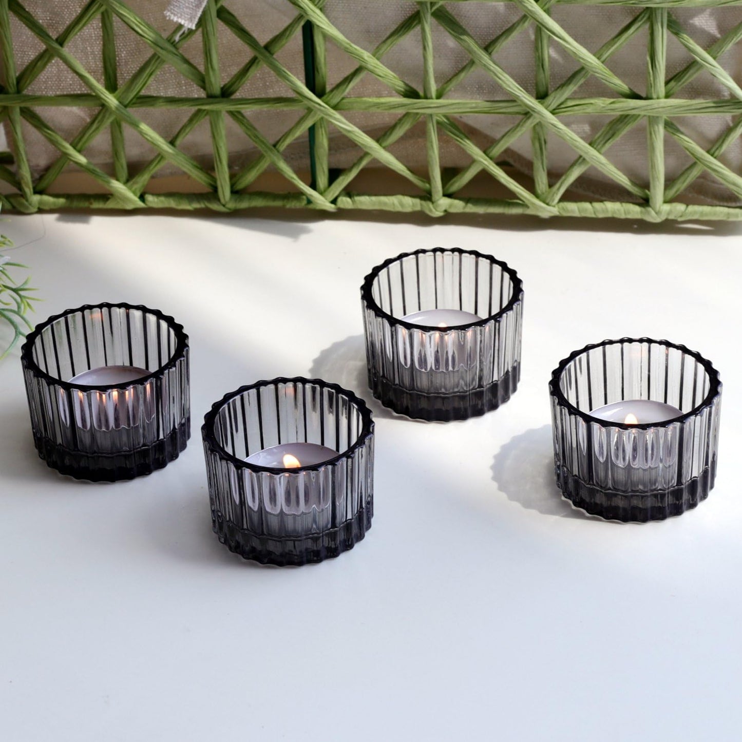 VOHO Classic Grey Tealight Candle Holder for Modern Home Decor, Set of 12 Tea Light Candle Holder Glass Ribbed Gifts for Thanksgiving Holiday, Small Votive Candle Holders for Birthday Themed Party