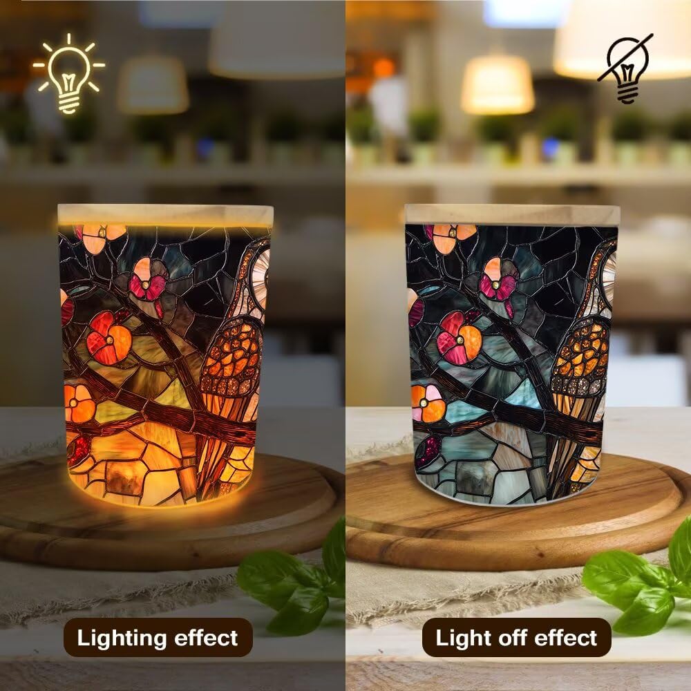 Stained Glass Owls Tea Light Candle Holders, Spring Blossoms Tealight Candle Holder Jar with Wooden Lid, Votive Candlesticks for Table Centerpieces, Christmas,Birthday Party,Home Decor
