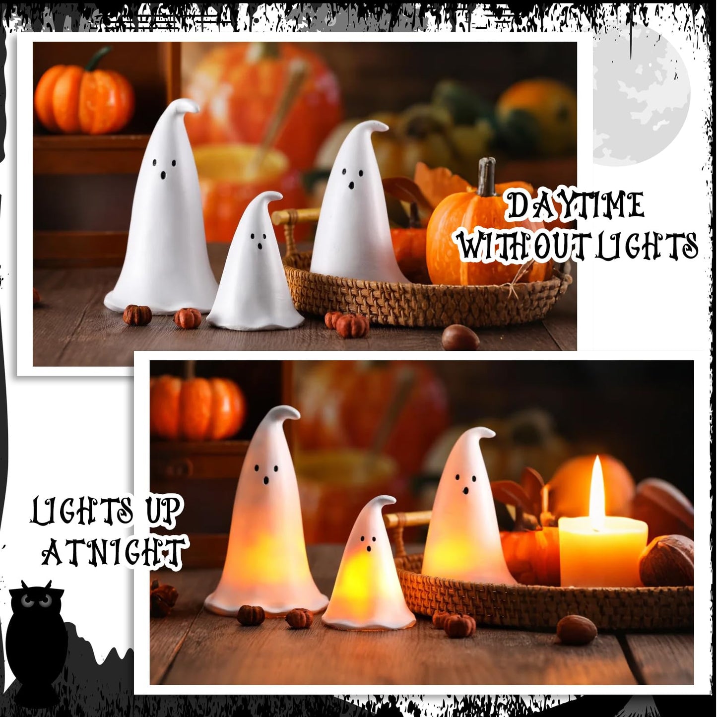 Colingmill Halloween Resin Ghost Figurine with 3 LED Tea Lights, Ghost Candle Holder Set of 3, Spooky Tabletop Indoor Halloween Light up Decor for Holiday Party, White Hollow Spooky Sculptures