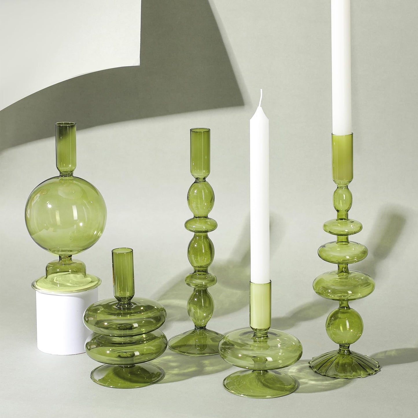 Rtteri 5 Pcs Glass Candlestick Holders Colorful Glass Taper Candle Stand Groovy Candlestick Wavy Boho Chic Clear Bases Holders Elegant Vase for Home Party Centerpiece(Green)