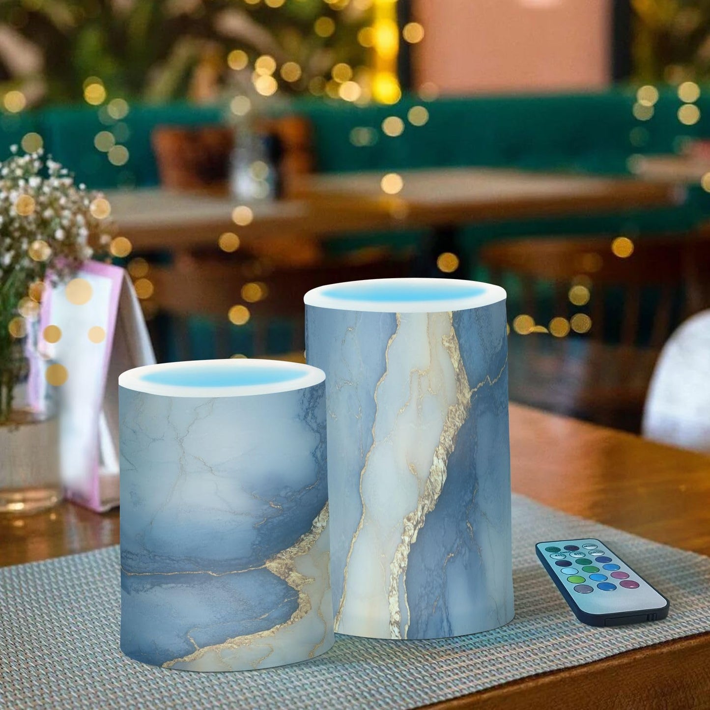 Flameless Pillar Candles Battery Operated Led Flameless Candles for Decorations Marble Navy Blue Beige