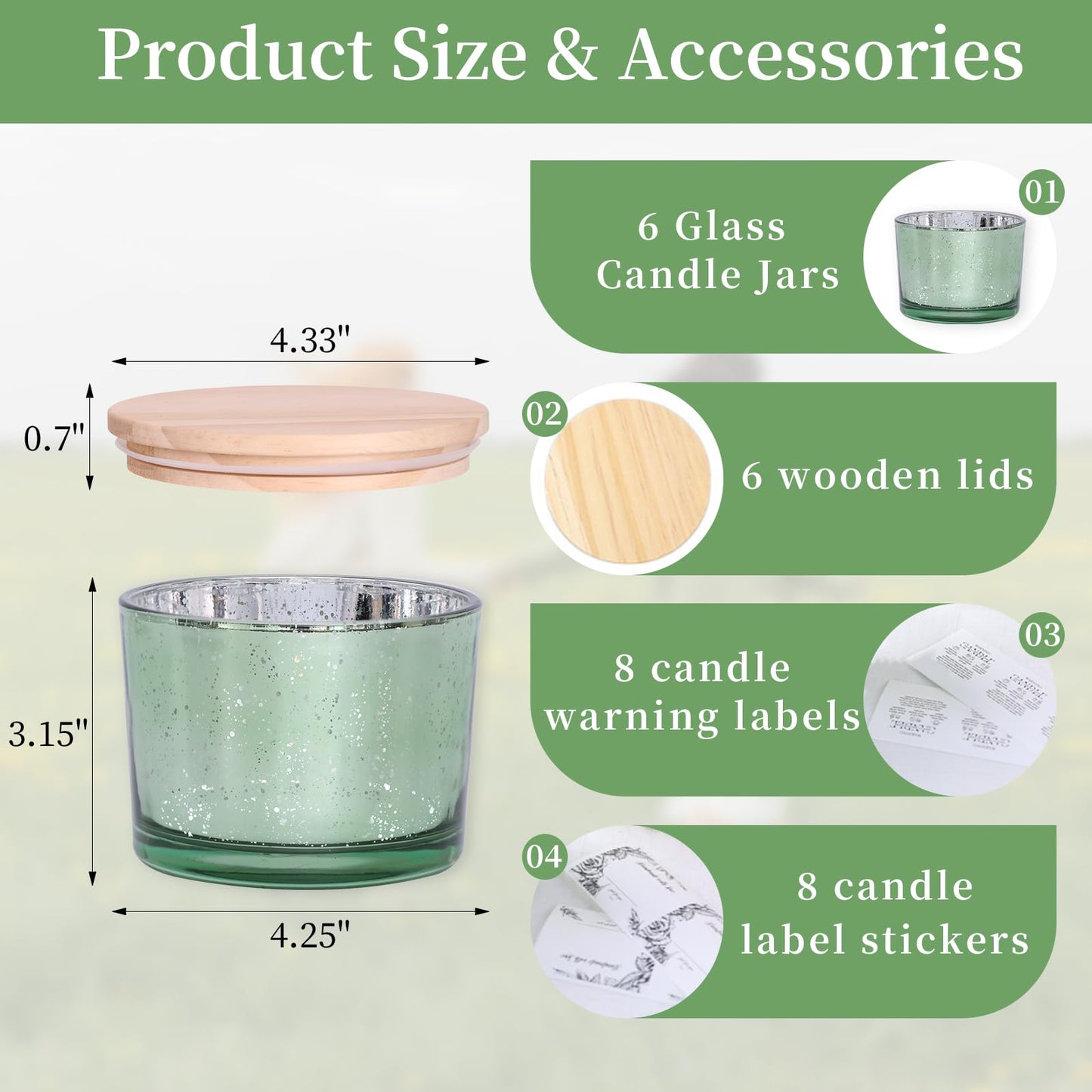 simeitol 16 OZ Green Candle Jars for Making Candles 6 Pcs, Glass Candle Jars with Airtight Bamboo Lids - Empty Candle Jar Bulk with Sticky Warning Labels - for Home Decor, Wedding, Christmas