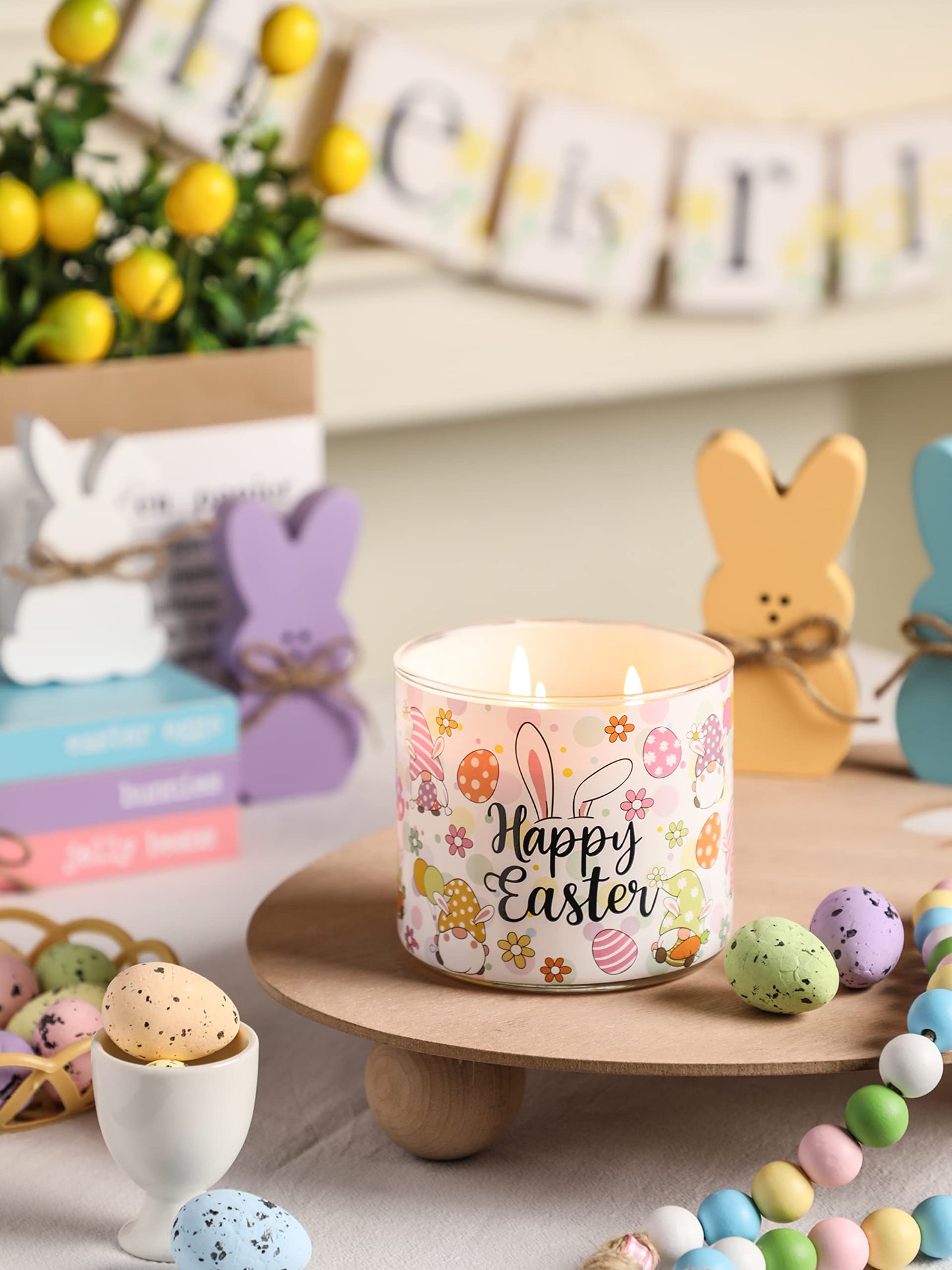 Easter Bunny Candles, Happy Easter Jasmine Scented Candle, 14 oz, 3 Wick Large Jar, Spring Bunny Candle Gifts for Women Men
