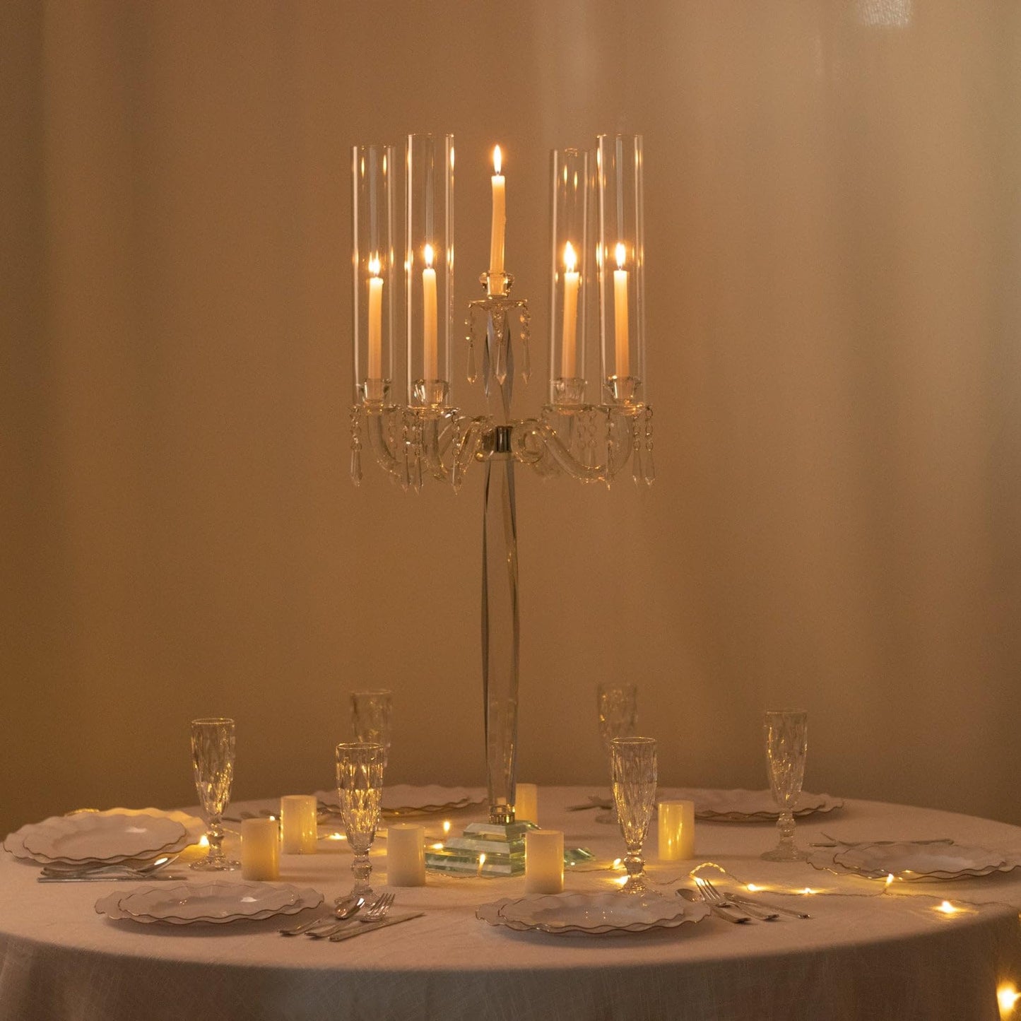 Efavormart Crystal 4-Arm Candelabra Taper Candle Holder with Hurricane Glass Shades – Table Centerpiece with Pedestal Base & Hanging Crystal Accents - 38" Tall