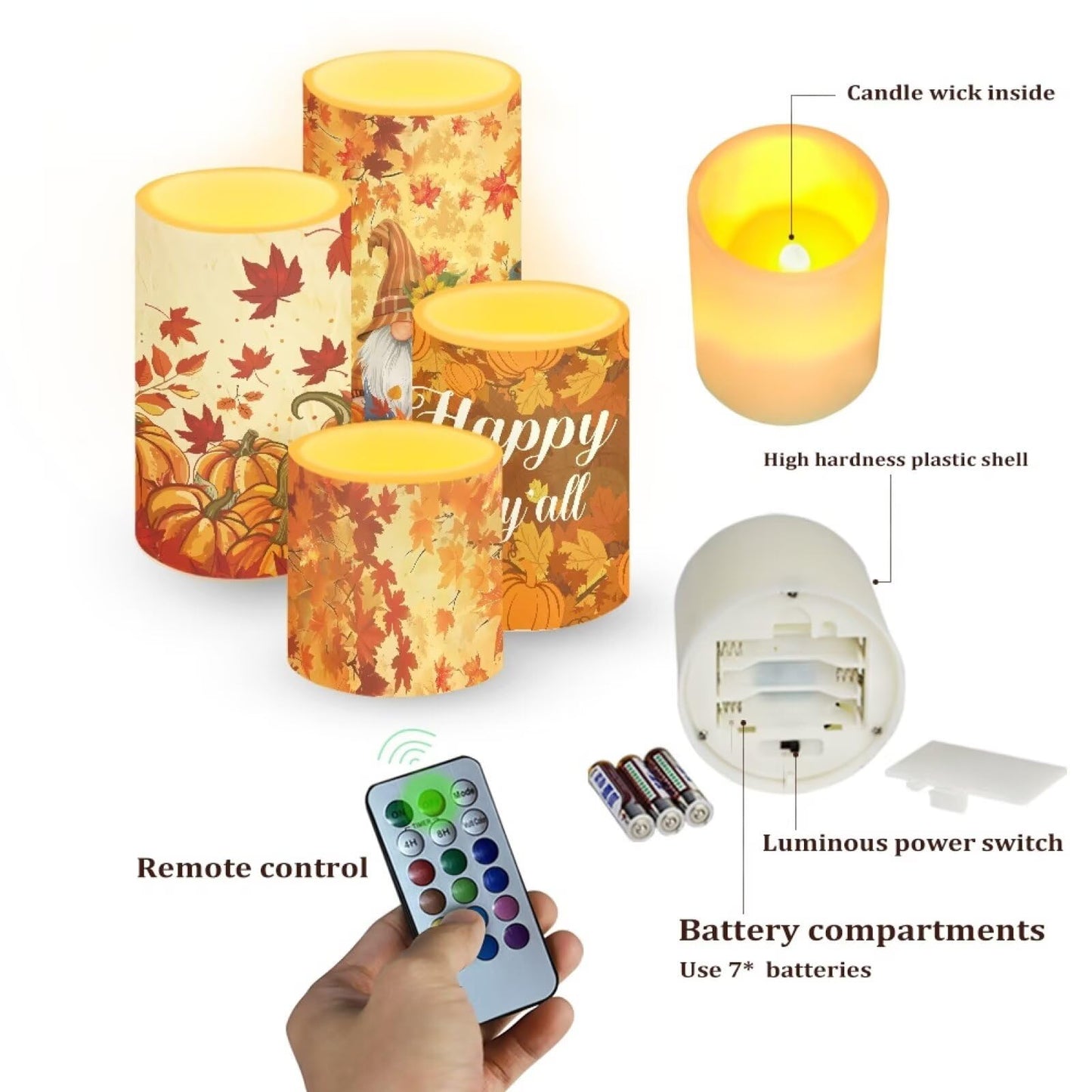 Merkmak 4 Pack Happy Fall Maple Leaves Flickering Flamless Candles with Remote LED Battery Operated Elictric Pillar Candles with Timer Control for Thanksgiving Party Decorations