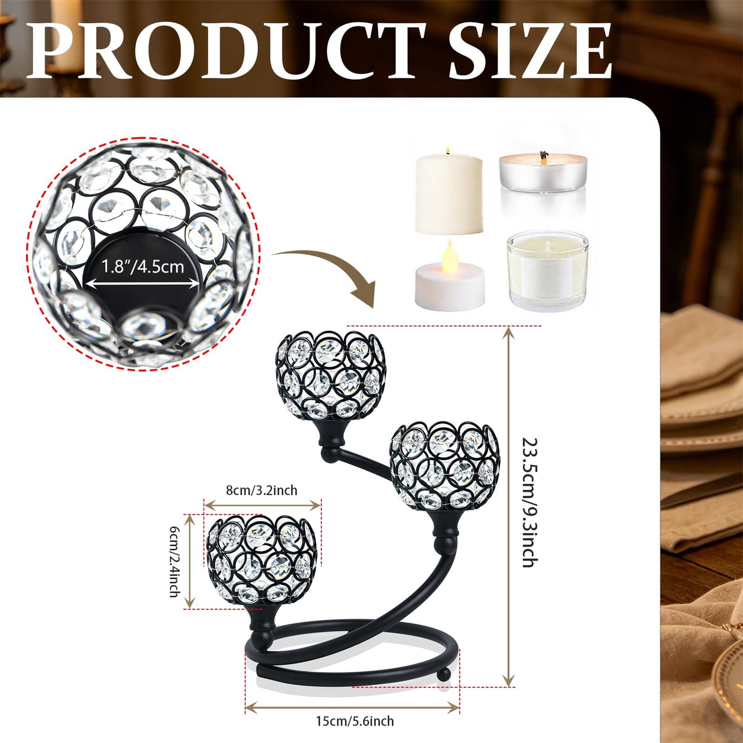 KEHAIL Metal Crystal Candle Holder Set of 2 - Elegant 3-Arm Metal Tea Light Centerpiece with Shining Crystal Bowl, Wedding Anniversary Table Decor for Dining, Party (Black, 2 Pcs 3 Arm)