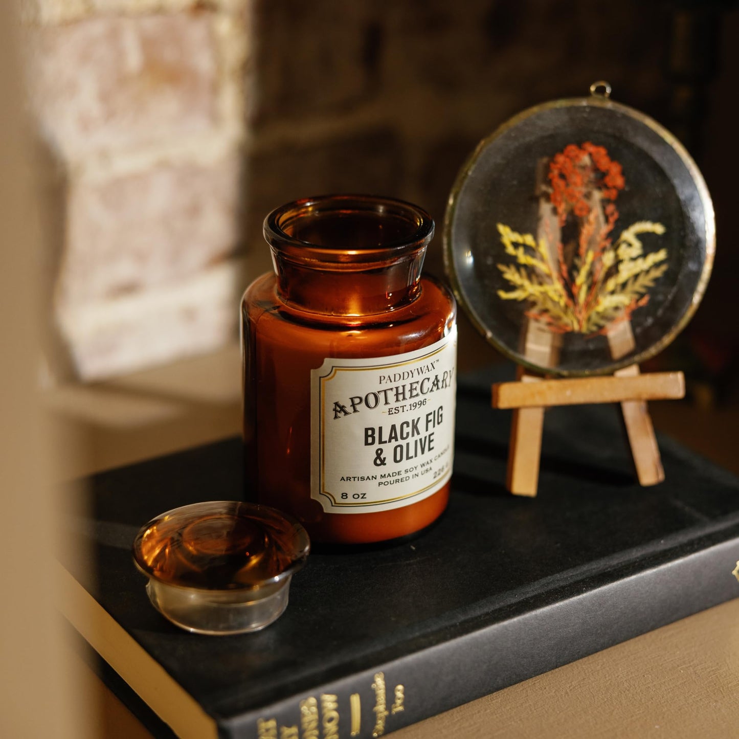 Paddywax Artisan Apothecary Scented Candle with Lid in Reusable Glass Jar, Clean-Burn Soy Candle with Approx. 54 Hour Burn Time, Black Fig & Olive, 8 oz