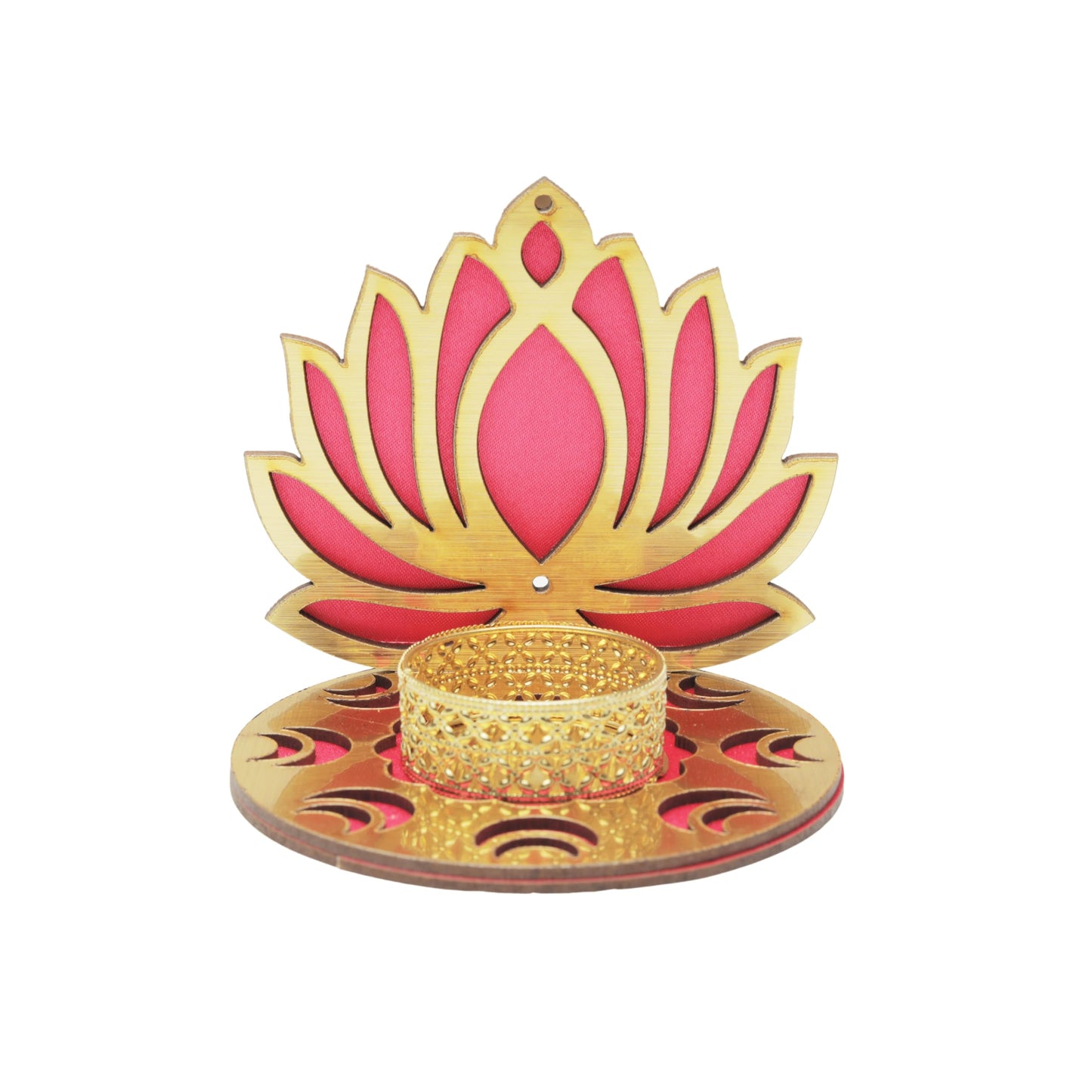 Set of 2 Decorative MDF Wooden Pink Golden Lotus T Light Holder Candle Stand Tealight Holder Indian Traditional Festival Diwali Decorations Lighting Accessories (Without Wax)(Size:-4" Inches) (Pink-1)