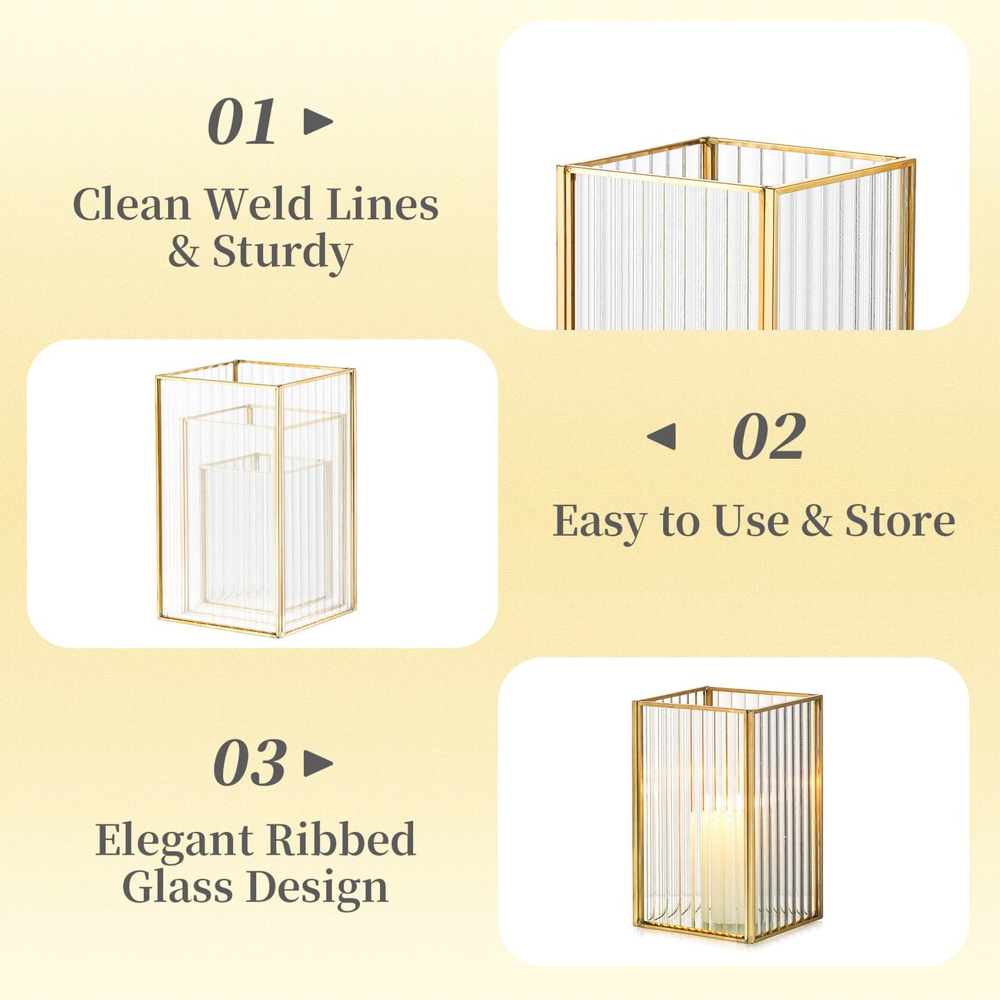 Hewory Gold Hurricane Candle Holder: 6 PCS Ribbed Hurricane Glass Candle Holders for Pillar Candles, Square Pillar Candle Holders for Table Centerpiece Wedding Christmas, Home Decor for Kitchen Patio