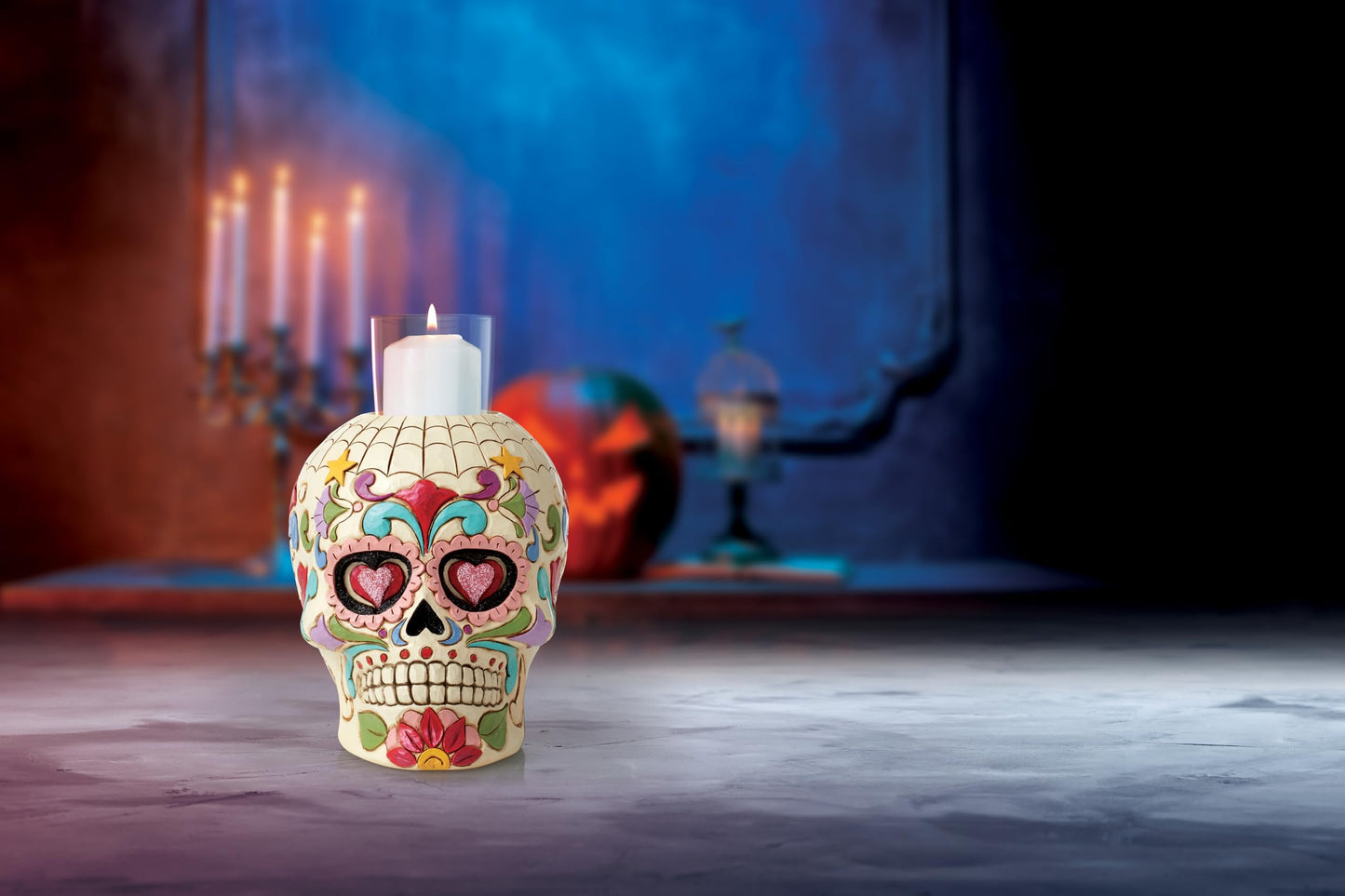 Enesco Jim Shore Heartwood Creek Four Seasons Day of The Dead Skull Votive Candleholder Without Candle, 5.5 Inches, Glass, Stone Resin, Witches, Zombies