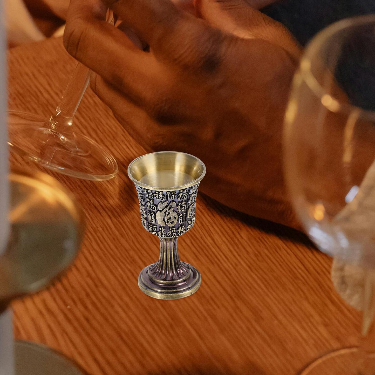 JOYOFREELY Vintage Copper Goblet Chalice Fu Character Engraving, Small Bronze Wine Drinking Cup for Home Bar, Traditional Chinese Style Shot Glass