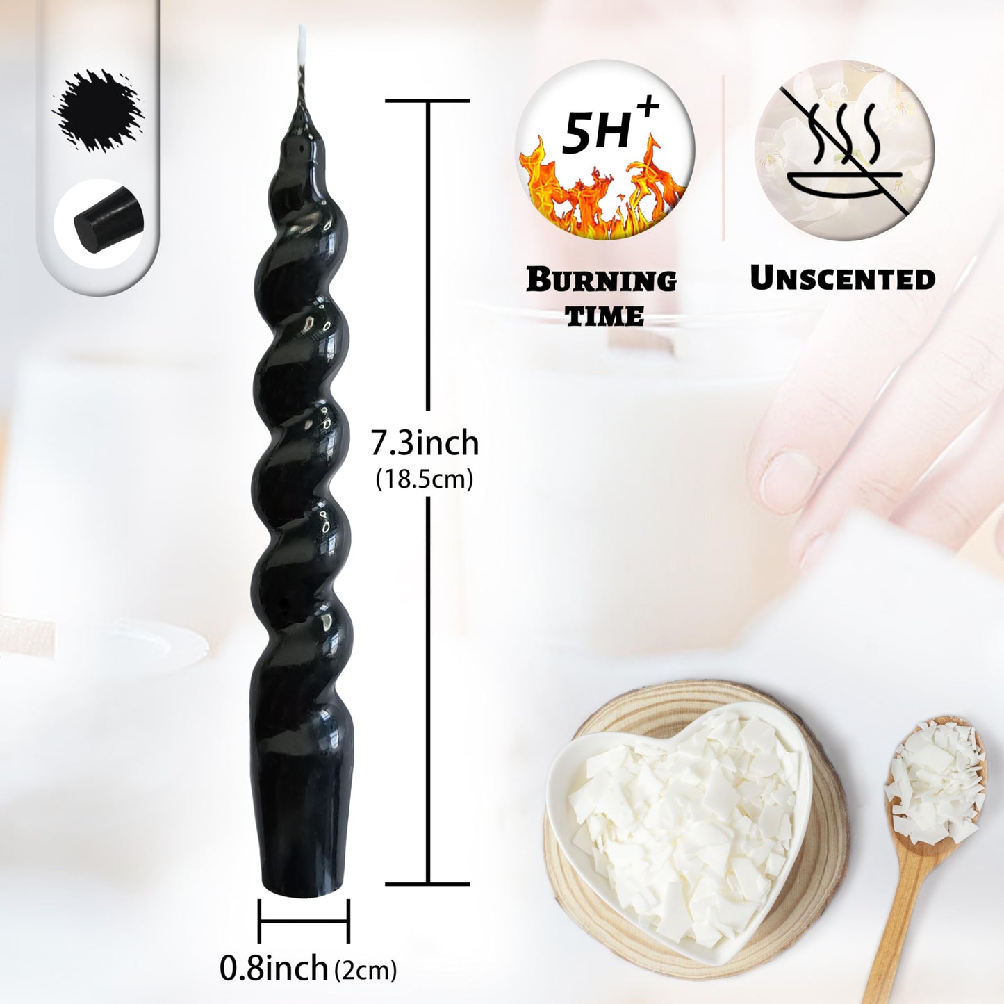 4PCS Unscented Spiral Candle Handmade Black Short Candlesticks 7.5Inch Smokeless Taper Candles Long Lasting Burn Candle Sticks Small Twisted Candlestick for Halloween Decoration