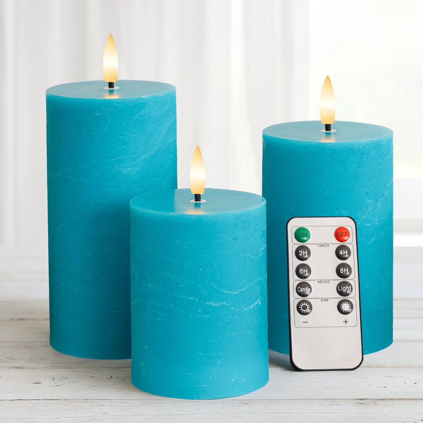 AFINETH Teal Flameless Candles, Real Wax Battery Operated Candles with Remote, Flat Top Flickering LED Pillar Candles for Home Party Wedding Holiday Decor, Set of 3 (H 4" 5" 6" x D3)