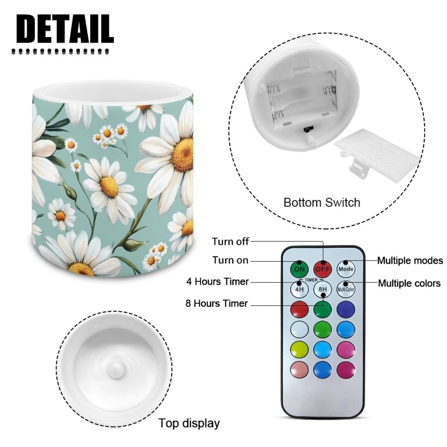 Cozeyat Daisy Garden LED Candles Set of 4 Battery Powered Flameless with Remote Timer Dancing Flame Waterproof for Home Beach Table Decoration
