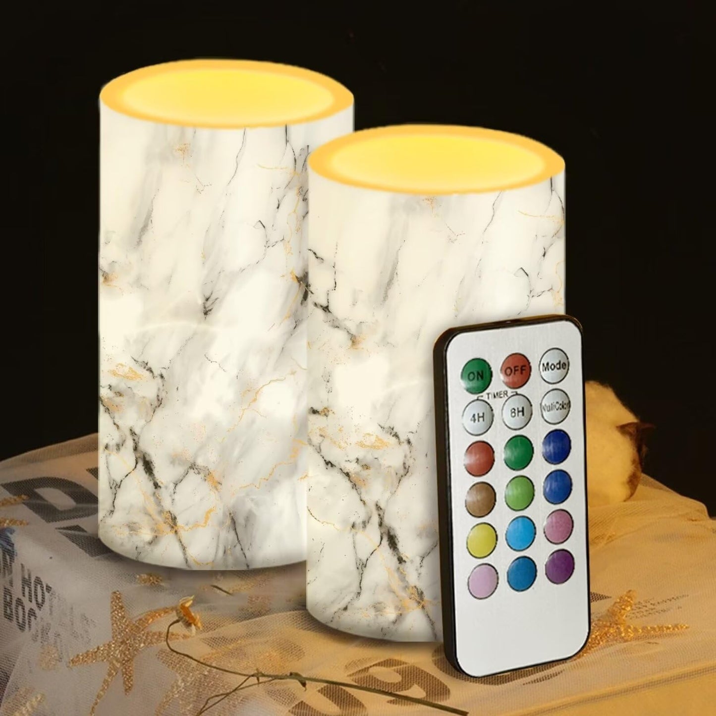 NETILGEN Flameless Candles LED Candles Electric Pillar Candles with Remote Timer Control Long Lasting for Indoor Outdoor Table Centerpiece Home Decoration Set of 2, White Grey Marble